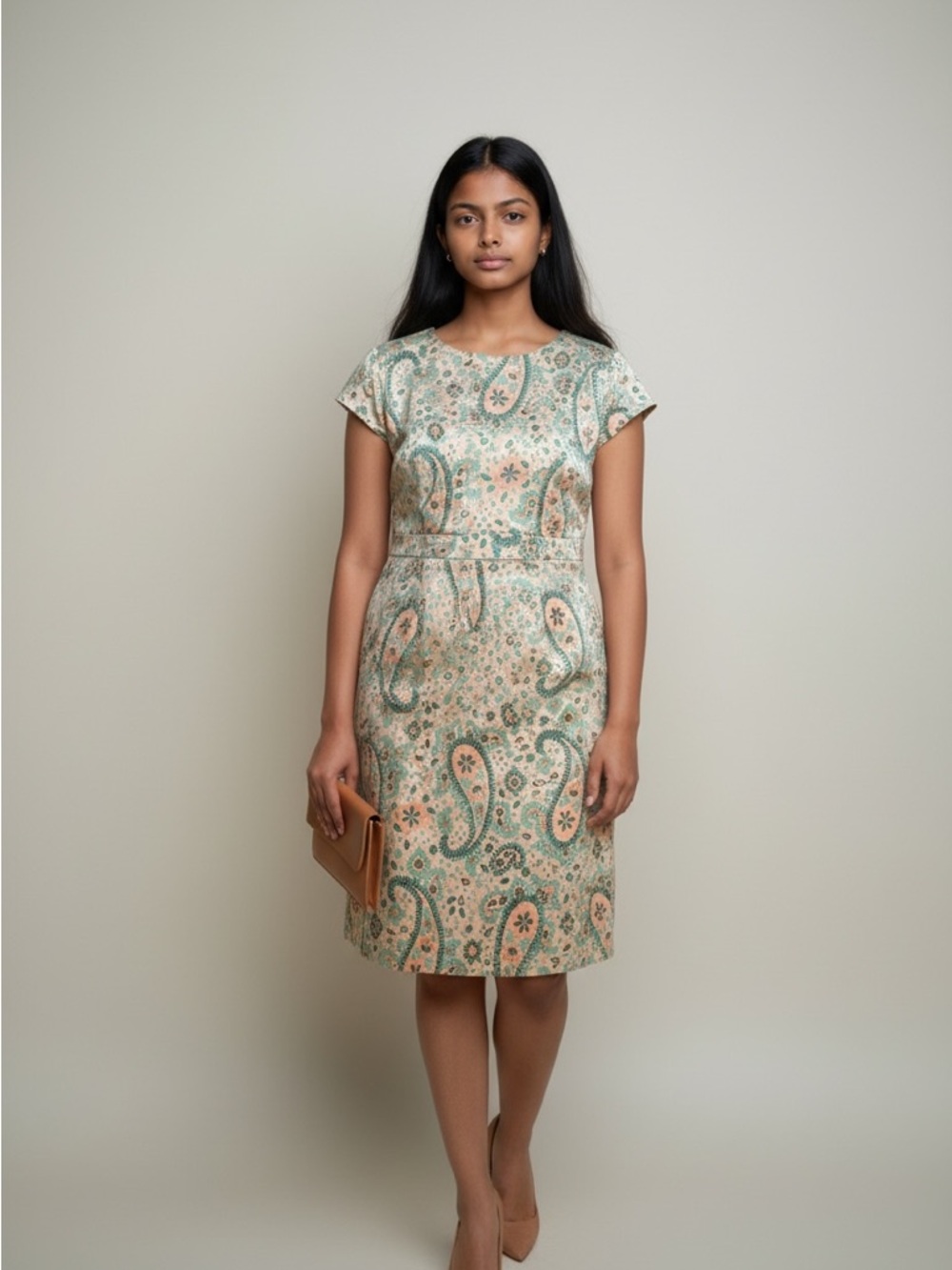 Pink Tartan Green & Peach Paisley Print Cap Sleeved Open Back Sheath Dress 6